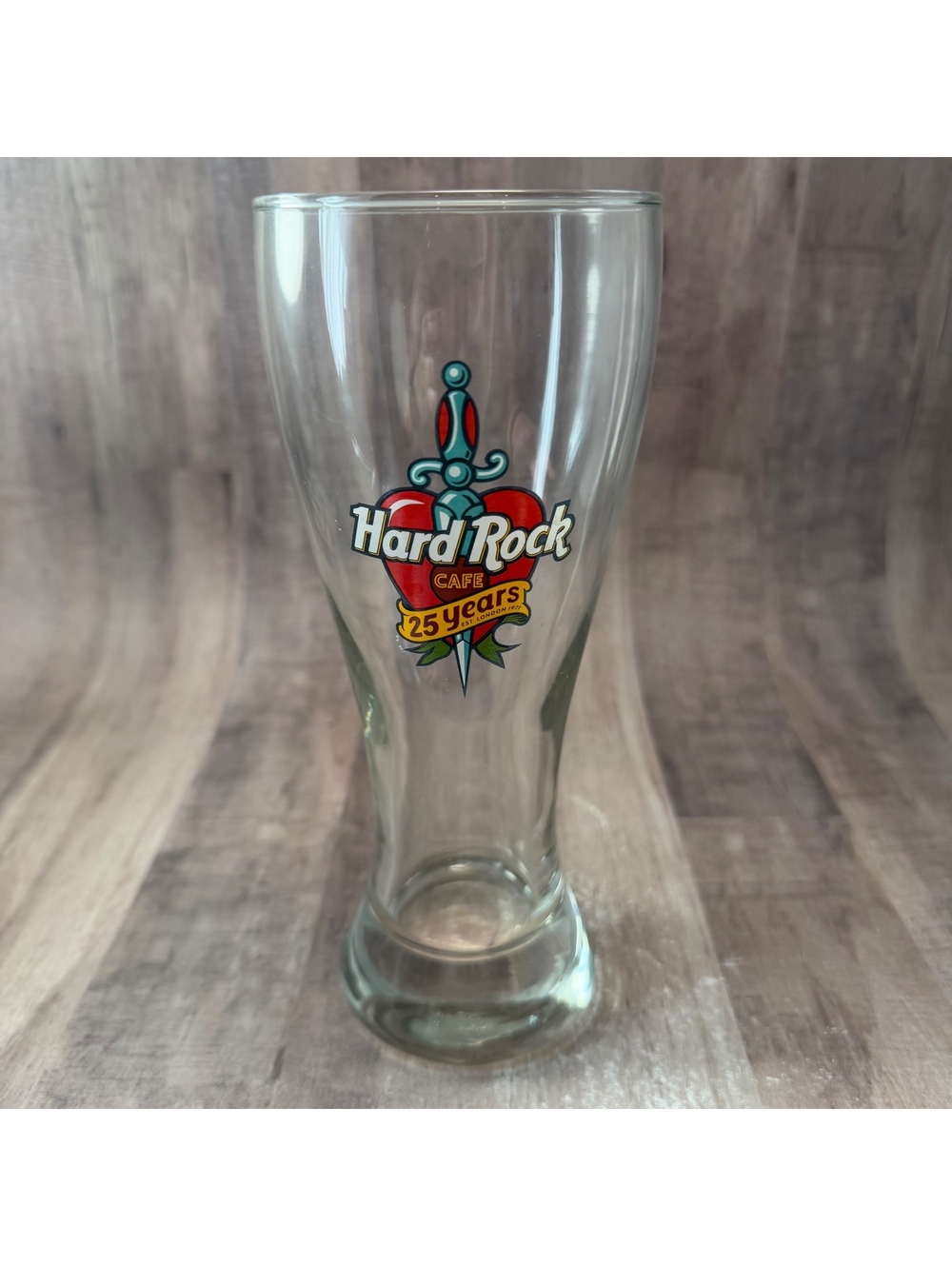 Vintage Hard Rock Cafe 25 Years Glass 1996 Tall Pilsner Glass 8 3/8" Tall